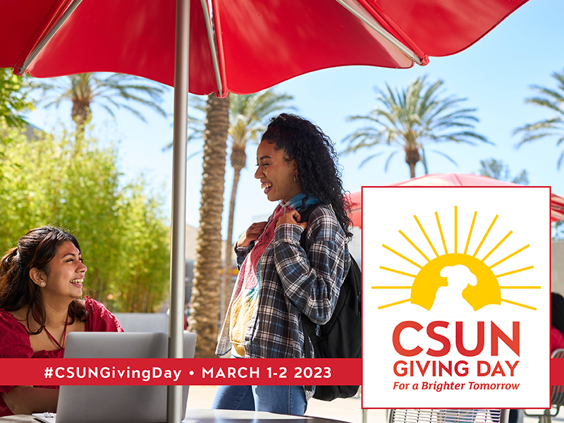 Two women stand under red umbrella. Text says CSUN Giving Day March 1-2