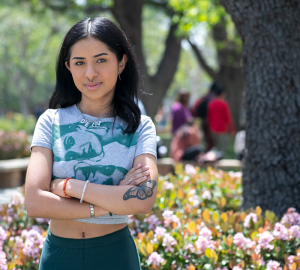 Portrait of CSUN student standing by Sierra Tower