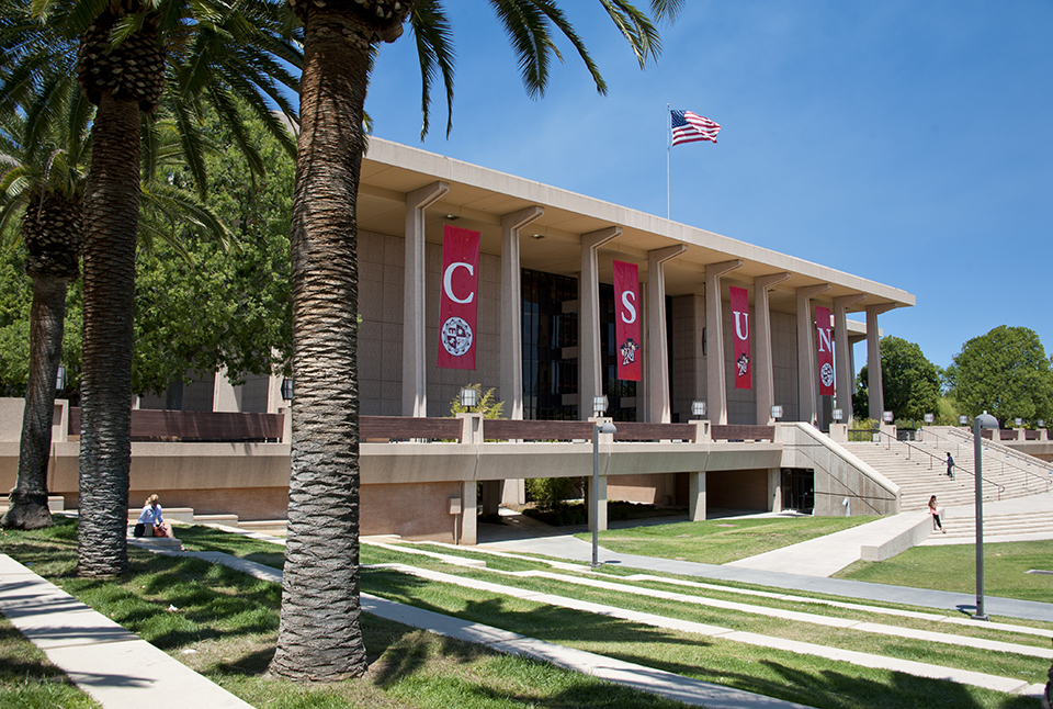 Library with red banners and palm trees in foreground