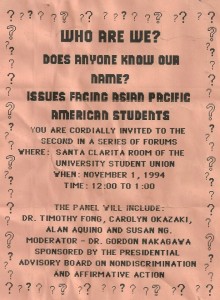 A flyer for the Asian American Studies "Who Are We" event on November 1, 1994. 