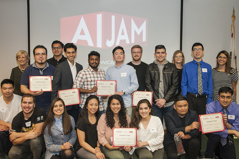 All six winning teams pose with their AI-Jam awards.