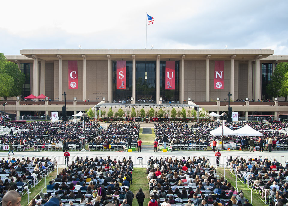 An overhead shot of the Oviatt Lawn filled for CSUN commencement.