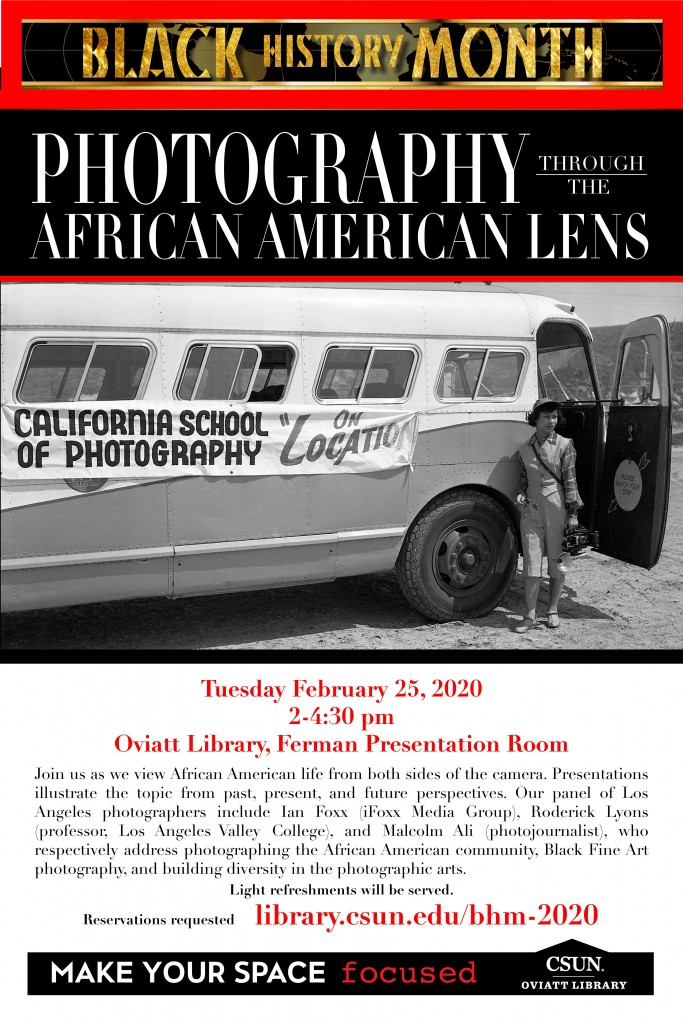 Flyer for Black History Month event "Photography Through The African American Lens." Photo courtesy of Oviatt Library.