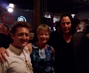 Amy Stoch with co-stars Alex Winter and Keanu Reeves at the "Bill & Ted Face the Music" cast party.