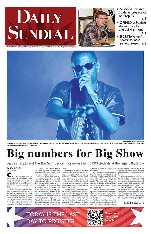 The cover of the CSUN Daily Sundial after the 2012 Big Show featuring Big Sean.