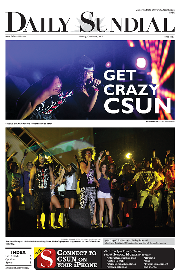 The cover of the CSUN Daily Sundial after the 2010 Big Show featuring LMFAO.