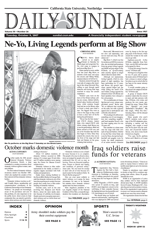 The Arts and Entertainment page of the Daily Sundial after the 2007 Big Show featuring Ne-Yo. Sundial image courtesy of CSUN Library Archives.