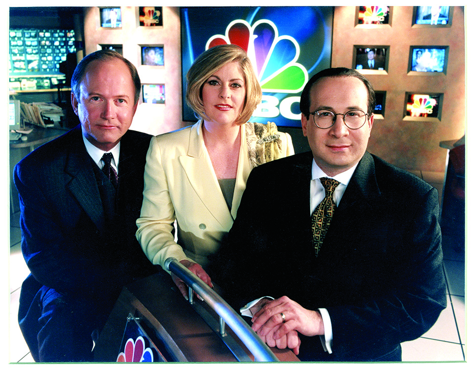 Archive photo of alumni Bill Griffeth, Sue Herera and Ron Insana in the CNBC studio in the early 1990s.