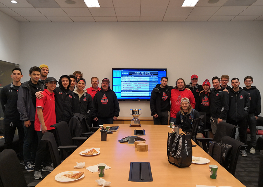 CSUN Ice Hockey Team gathers in the SRC Conference Room on Feb. 13 after finding out that they have qualified for the ACHA Men's Division 2 West Regional Tournament in Tempe, Ariz.