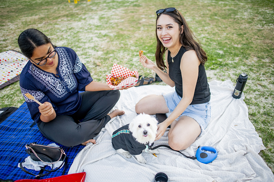 Two women sit on a blanket on the grass, eating snacks. A small white dog wearing a blue sweater sits between them and is looking at the camera.