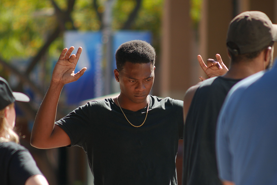 A scene from "Cuffed," directed by Parker Caston, Jr., and featuring an appearance by Emmy, Golden Globe and SAG awards winner Sterling K. Brown. The film is one of five student film projects selected to premier at CSUN's Senior Film Showcase. The event returns after a two-year hiatus due to the pandemic, on Sept. 14 in the Samuel Goldwyn Theatre at the Academy of Motion Picture Arts and Sciences in Beverly Hills. 