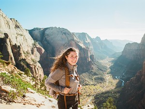 Carina Pinotti on a backpack hike in front of rugged terrain. 