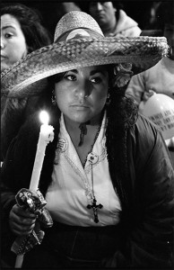 This photo of Carolina Franco was taken by John Kouns at the end of the day during the march from Delano to Sacramento in 1966. Photo by John Kouns, courtesy of the Tom & Ethel Bradley Center.