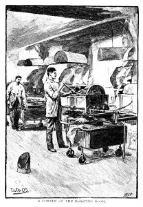 An 1892 English illustration of men working in the chocolate roasting room. Illustration by artist William Henry Margetson, iStock illustration