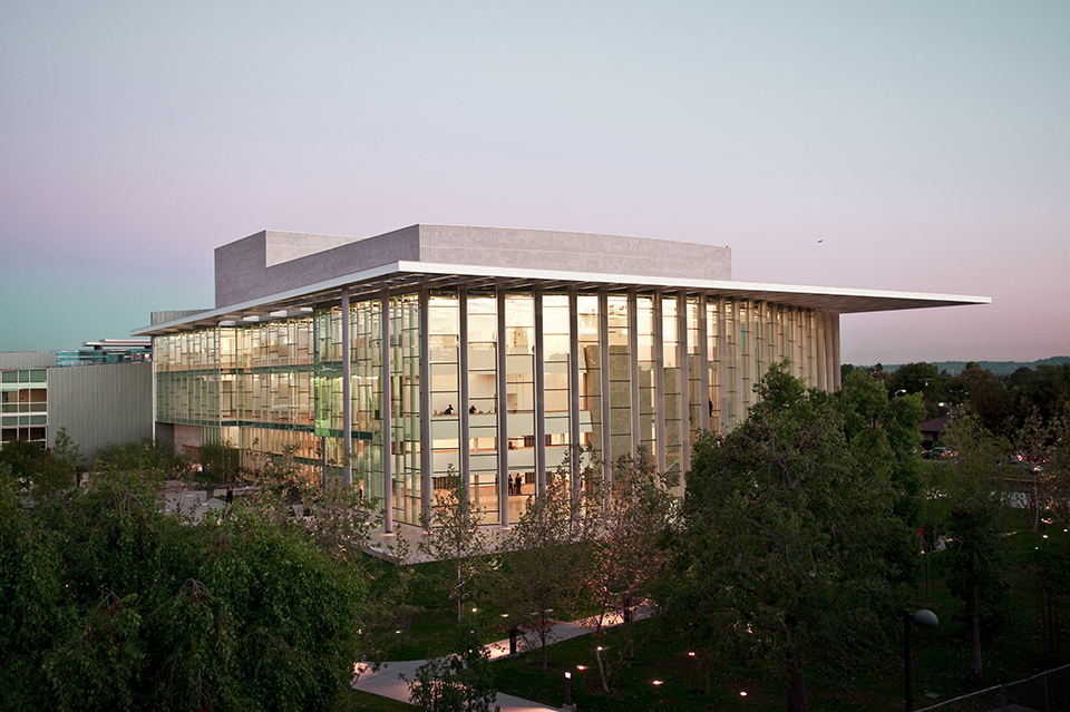 The Younes and Soraya Nazarian Center for the Performing Arts at twilight.
