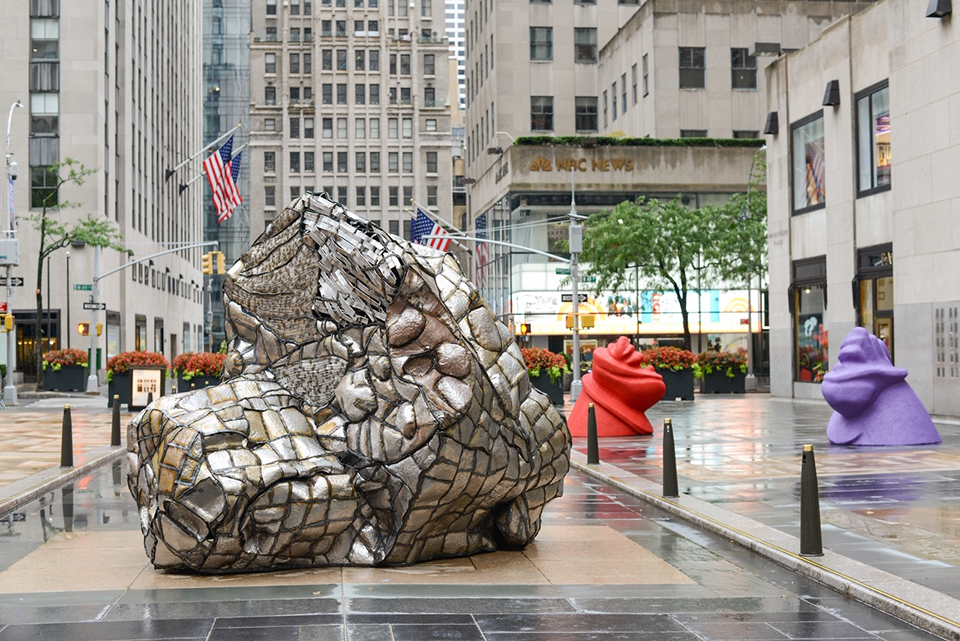 Beatriz Cortez's sculpture,  Glacial Erratic, which was recently installed at Rockefeller Plaza in New York City as the the inaugural Frieze Arto LIFEWTR Sculpture. A virtual conversation between Cortez, a CSUN professor of Central American studiesand curator Erin Christovale will launch ConSortiUm, a collaborative project of art museums and galleries from the CSU system. Photo courtesy of Beatriz Cortez.