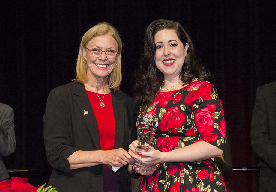Portrait of President Dianne F. Harrison and Susan Dickman with the 2018 CSUN President's Award.