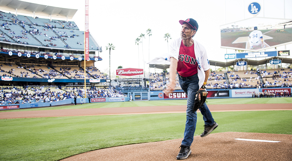 Rick Levy throws out the first pitch at Dodger Stadium.
