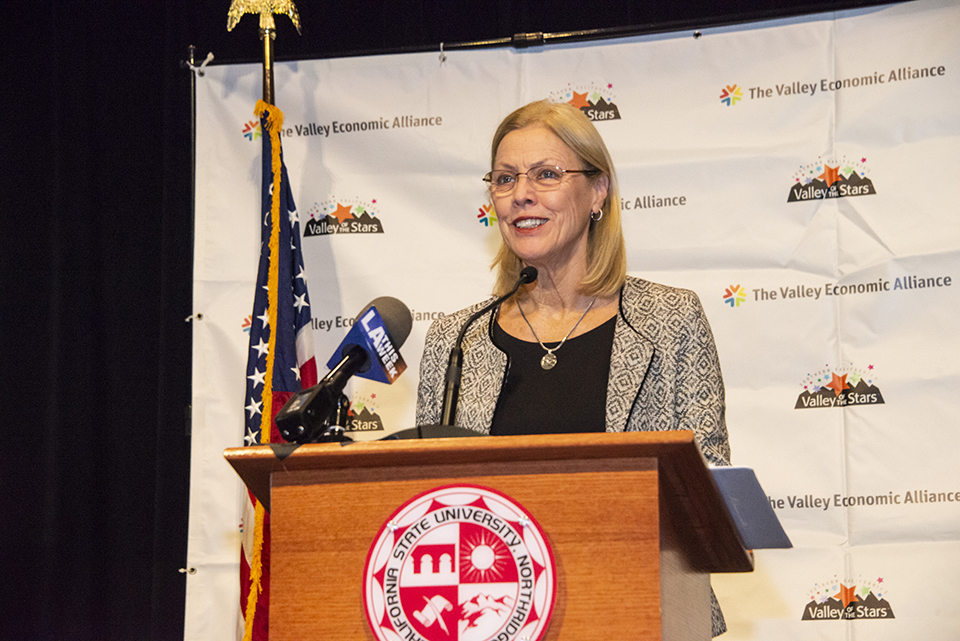 CSUN President Dianne F. Harrison speaks at an earthquake-preparedness conference.