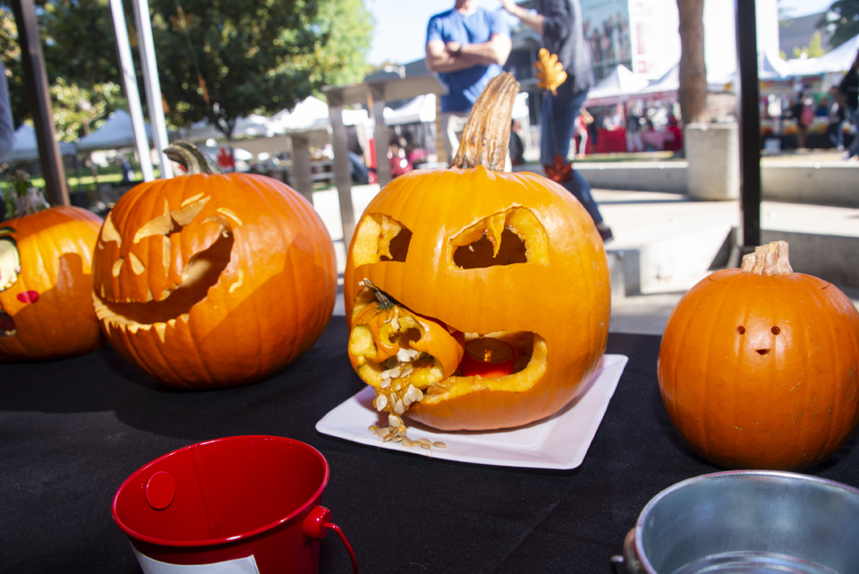 Lineup of carved pumpkins with one large pumpkin eating a smaller pumpkin.