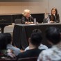 Elizabeth Sellers and Pinar Toprak talk on stage at a media composition Master Class at CSUN.