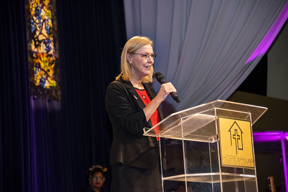 CSUN President Dianne F. Harrison speaks at H.O.P.E.’s House Christian Ministries.