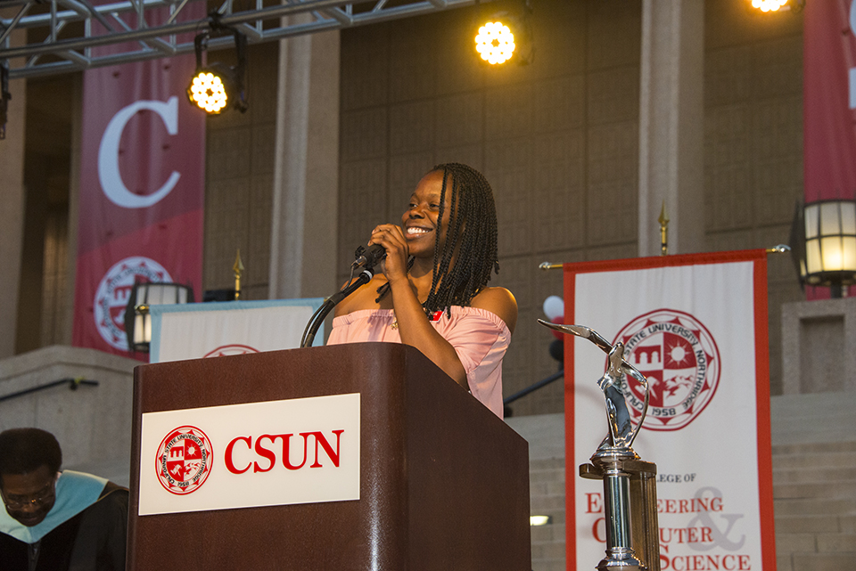 CSUN Associated Students President Beverly Ntagu speaks at New Student Convocation.