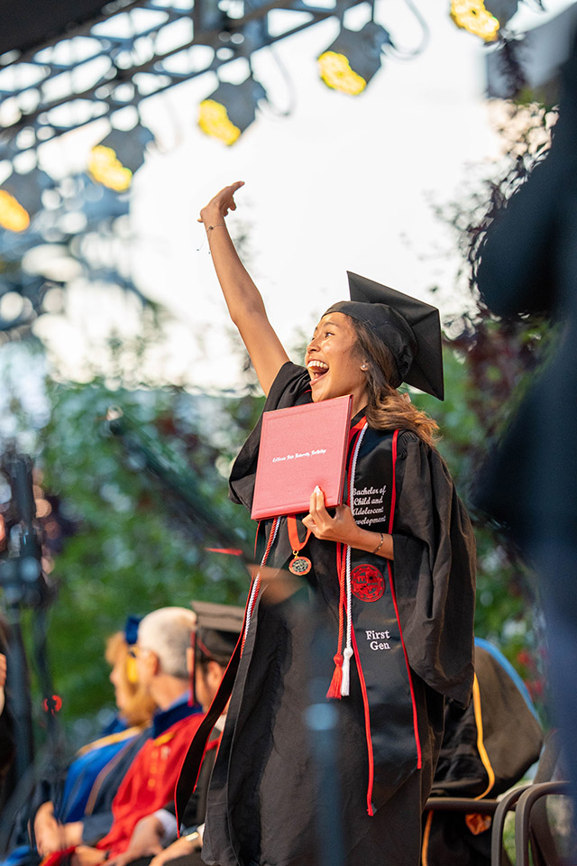 A student celebrates during the second CSUN College of Health and Human Development ceremony on May 21, 2023.
