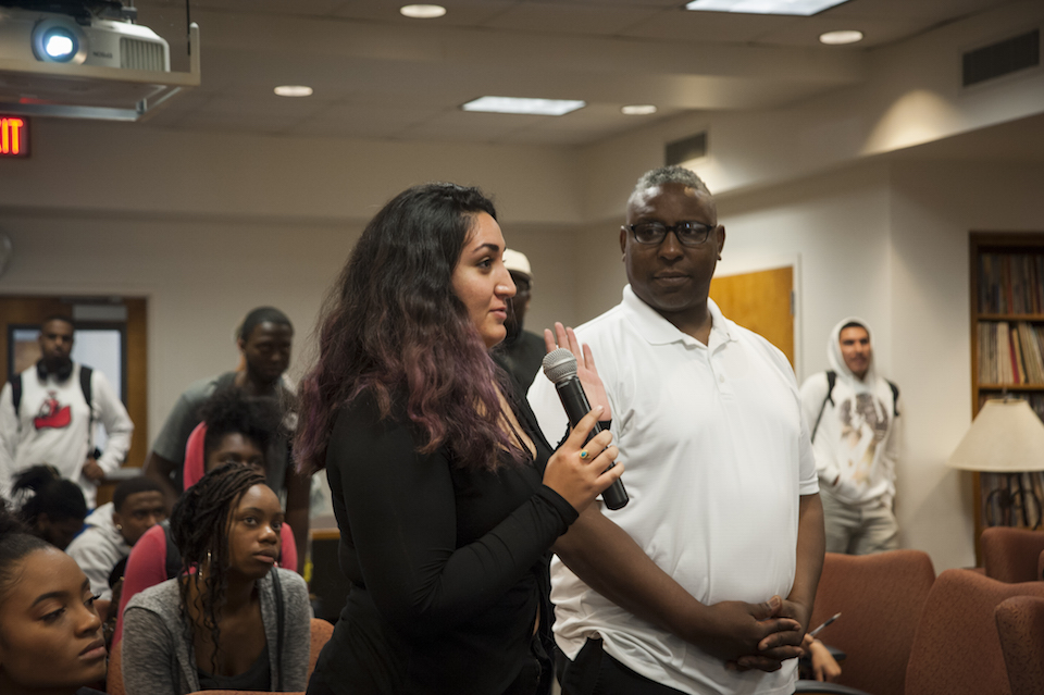 Student asks a question during Q&A portion of Anthony Samad's lecture on Nov. 2.