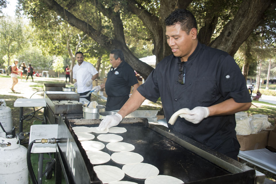 A food server preparing tortillas on the grill.