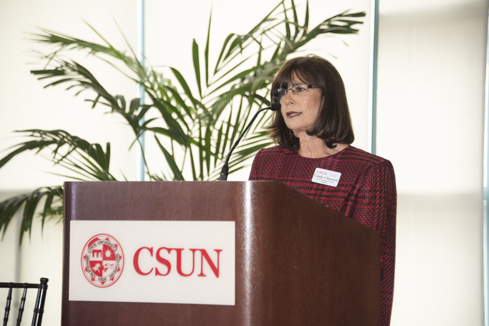 Cindy Chernow speaks at CSUN's 60th Anniversary Grand Reunion Founders Luncheon.