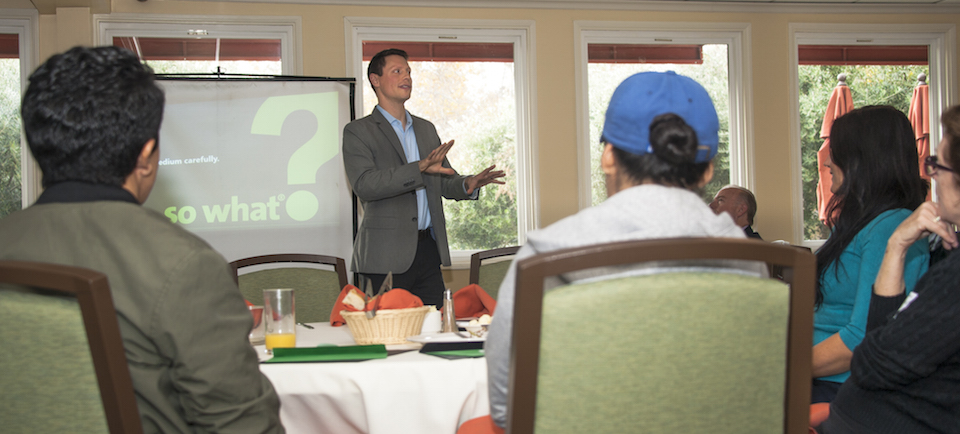 CSUN psychology professor Abe Rutchick speaks to attendees at the Breakthrough Breakfast.