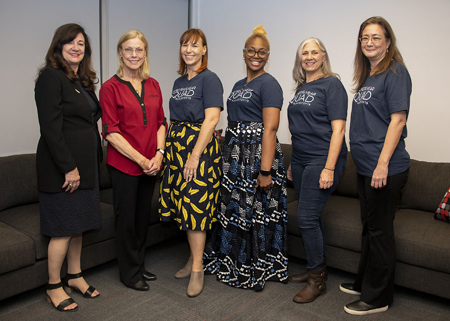 (L-R) Dean of the Michael Eisner College of Education Shari Tarver Behring, President Dianne F. Harrison, and LAUSD Teachers of the Year Jessica Perry-Martin, Nikysha D. Gilliam, Amy Kassorla Weisberg and Monica Erne-Webber.