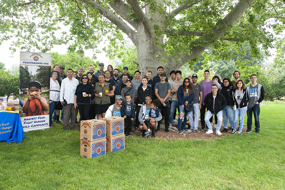 A group photo of all those who participated in the orange grove picking.