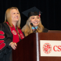 CSUN President Erika D. Beck and Associated Students President Rose Merida speak at the all-university commencement ceremony on May 15, 2021.