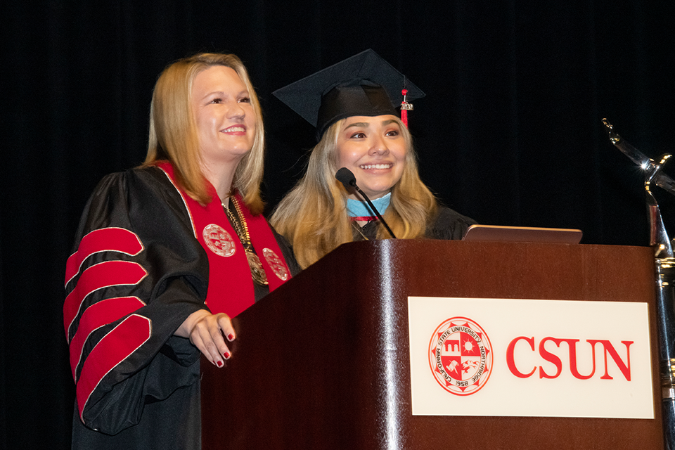 CSUN President Erika D. Beck and Associated Students President Rose Merida speak at the all-university commencement ceremony on May 15, 2021.