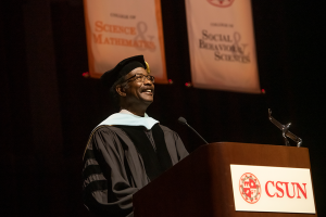 William Watkins, vice president for Student Affairs and dean of students, speaks at the all-university commencement ceremony on May 15, 2021.