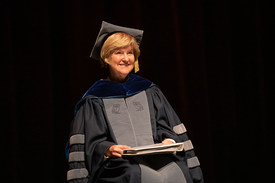 Mary Beth Walker, provost and vice president for Academic Affairs speaks at the all-university commencement ceremony on May 15, 2021.