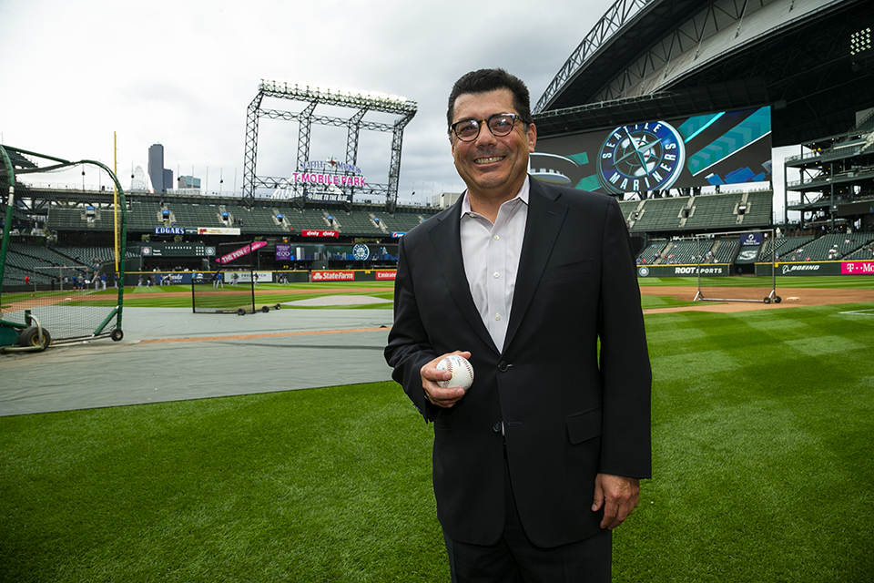 Fred Rivera stands on the field at T-Mobile Park in Seattle.