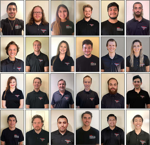 A collage of 23 mechanical engineering students wearing black shirts with their red and white team logo on it.
