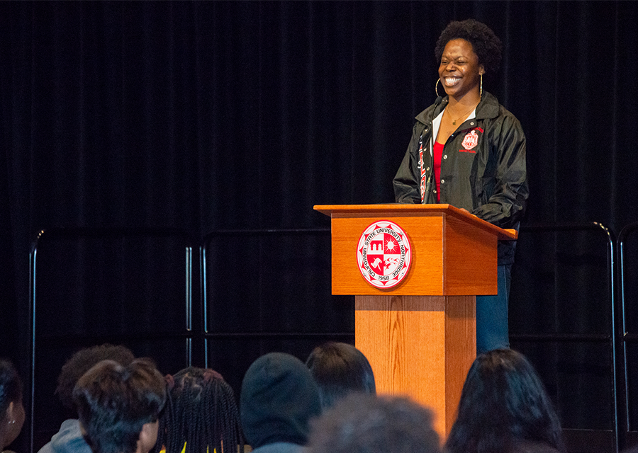Associated Students president Beverly Ntagu gives her welcome address to the high school students gathered at the Northridge Center during the Harambee Conference on Feb. 22.