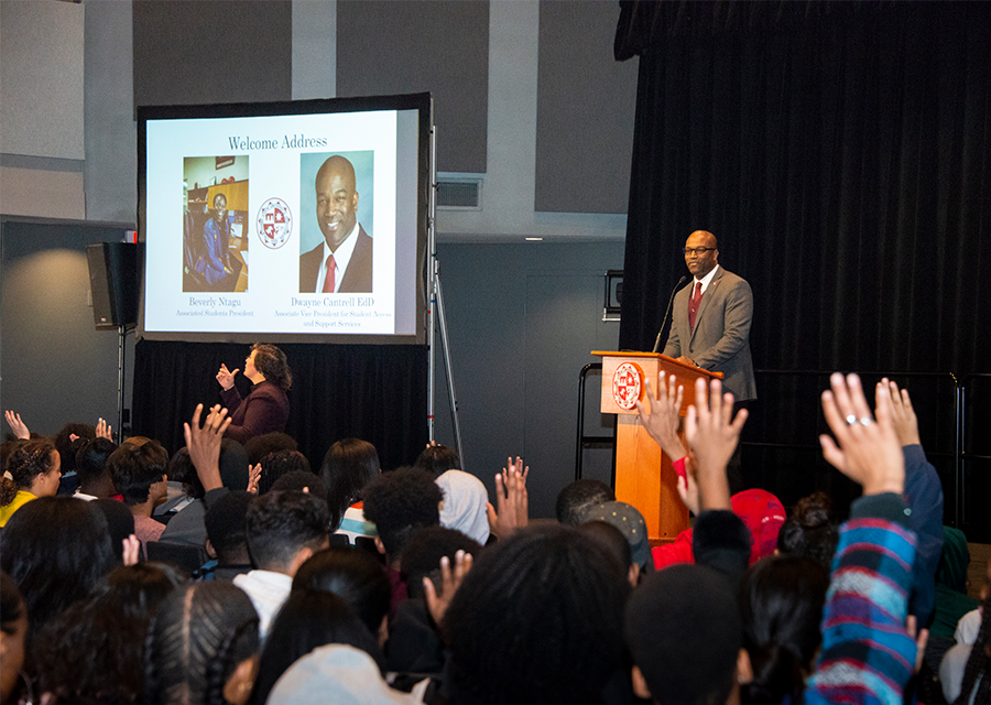 Dwayne Cantrell, associate vice president for Student Access and Support Services, talks about the importance of mentoring during his welcome address to the high school students at the Northridge Center during the Harambee Conference on Feb. 22.
