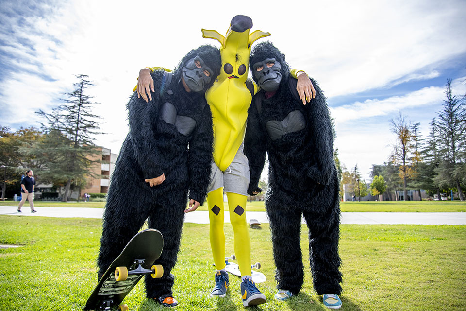 Student dressed as banana flanked by two people dressed as gorillas.