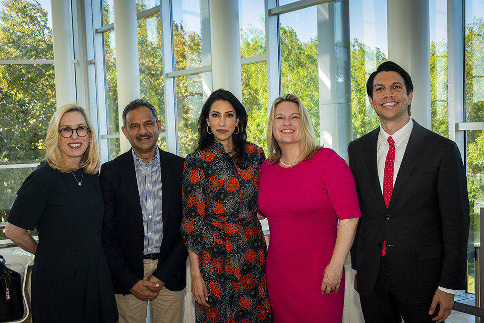 Wendy Greuel, executive-in-residence in the David Nazarian College of Business and Economics; Dr. Asíf Mahmood; Huma Abedin; CSUN President Erika D. Beck; and Rafael De La Rosa, assistant vice president for government and community relations at CSUNPhoto by Lee Choo.