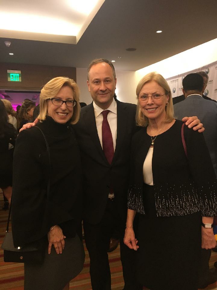 Douglas Emhoff, a partner in global law firm DLA Piper who is married to Sen. Kamala Harris, shown with CSUN President Dianne F. Harrison, right, and CSUN Nazarian College Executive in Residence Wendy Greuel at a 2019 Los Angeles Chamber of Commerce event.