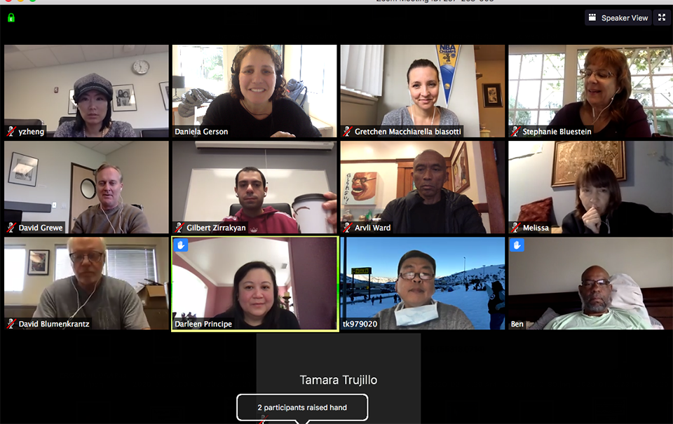 A panel view of 12 CSUN journalism professors participating in a virtual Zoom meeting. 