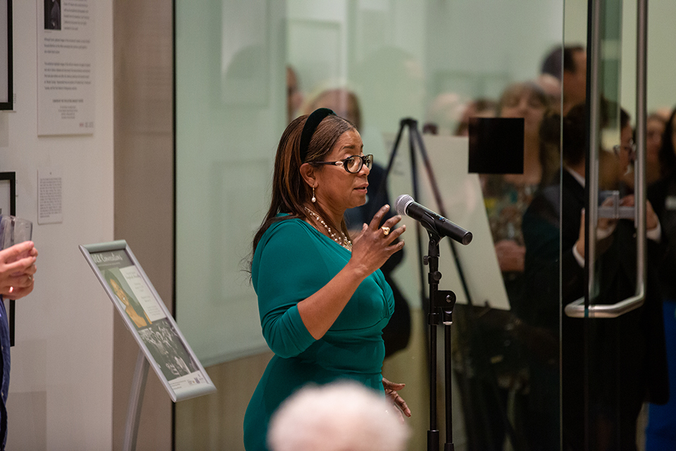 Donzaleigh Abernathy speaks at the exhibit “From Selma to Montgomery,” a series of photographs.
