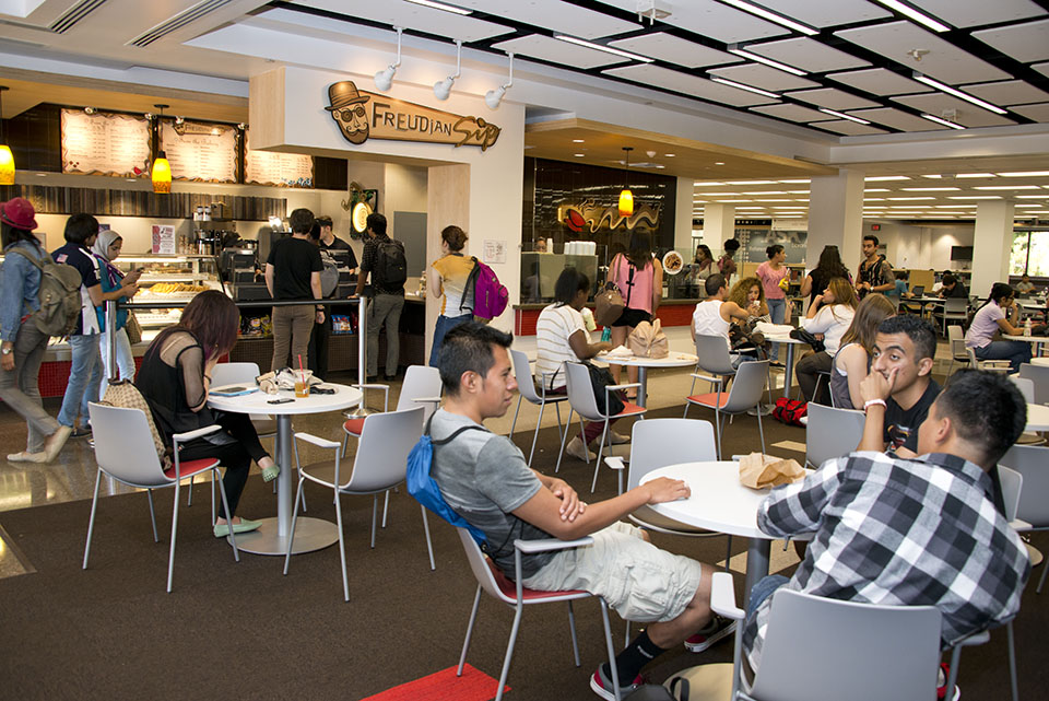 Students sit at tables studying and drinking items from the Freudian Sip. People line up to purchase food and drinks, as well.