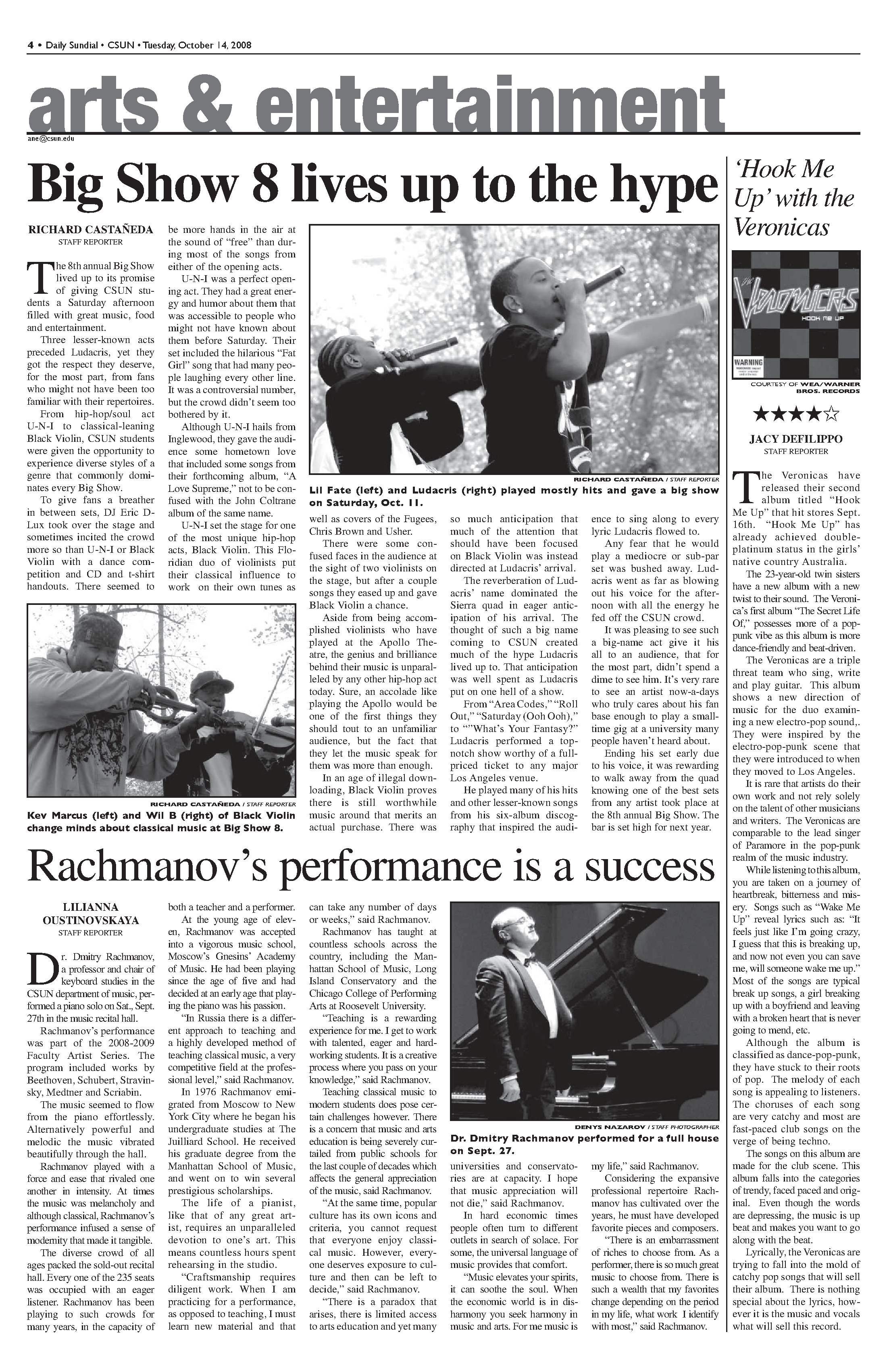 The Arts and Entertainment page of the Daily Sundial after the 2008 Big Show featuring Ludacris.