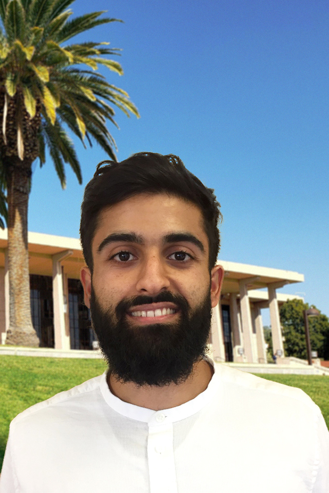 A male CSUN student poses in front of a virtual CSUN Library background.